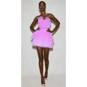 $595 New LoveShackFancy Faron Bow Layered Tulle Mini Dress Magenta Strapless 6